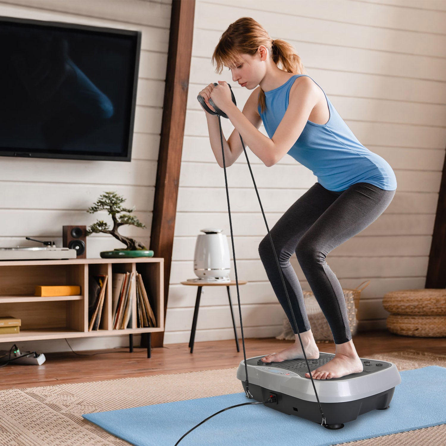 1Pc Vibration Exercise Machine with Resistant Bands Remote Control Whole Body Vibration Platform Workout Equipment Home Fitness Training Equipment for Weight Loss Fat Burner